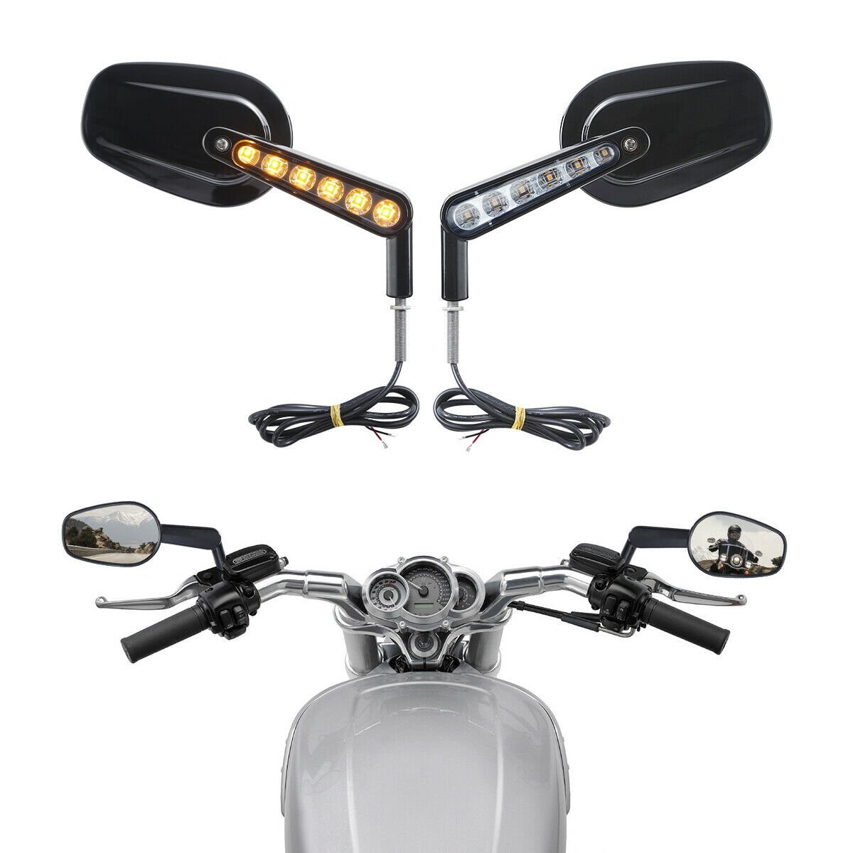 Rear View Mirror with LED Front Turn Signal Indicator for Harley SMA